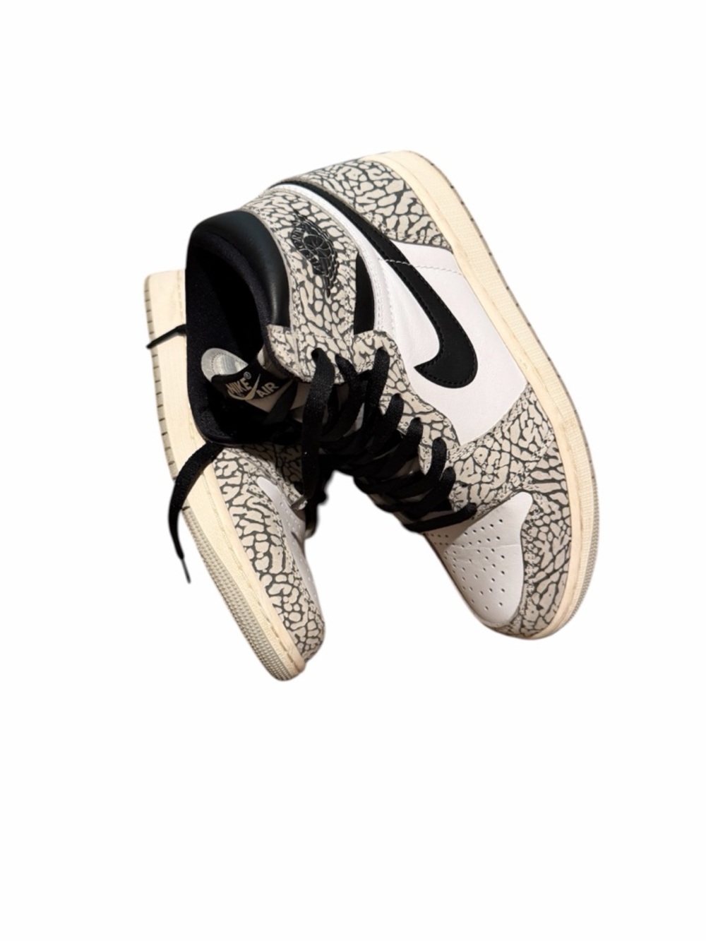 Jordan High-Top Sneakers in White, Black & Cream with Elephant Print